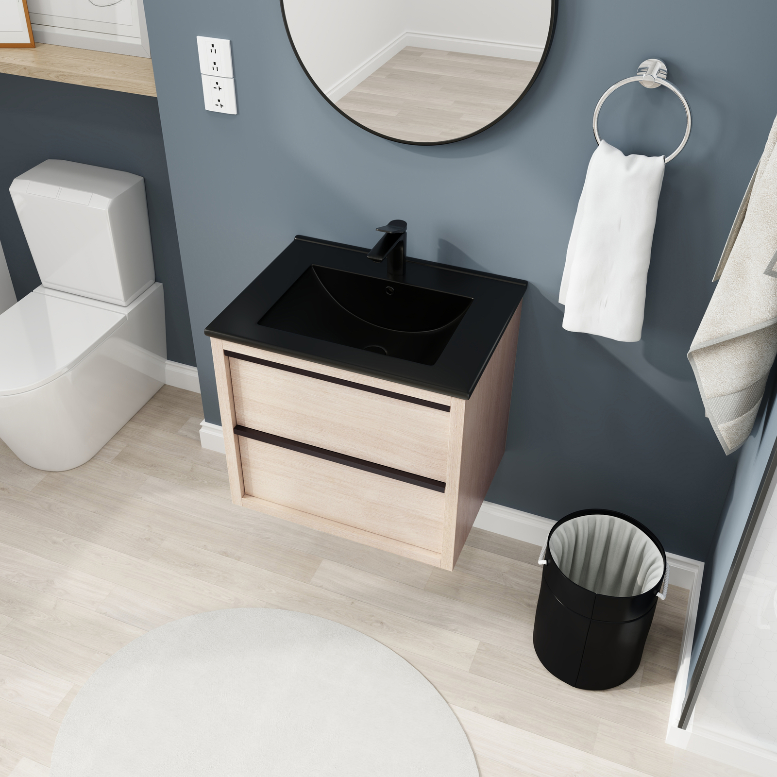 24″Bathroom Vanity Cabinet Wall Mounted Floating W/ Black Ceramic Sink 2 Drawers