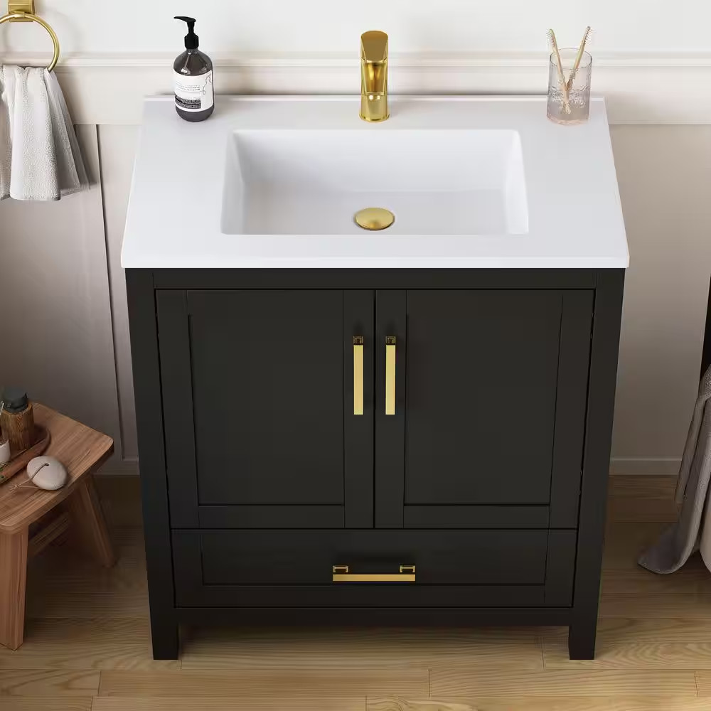 Raven 31 In.W Single Sink Black Freestanding Bath Vanity with White Engineered S