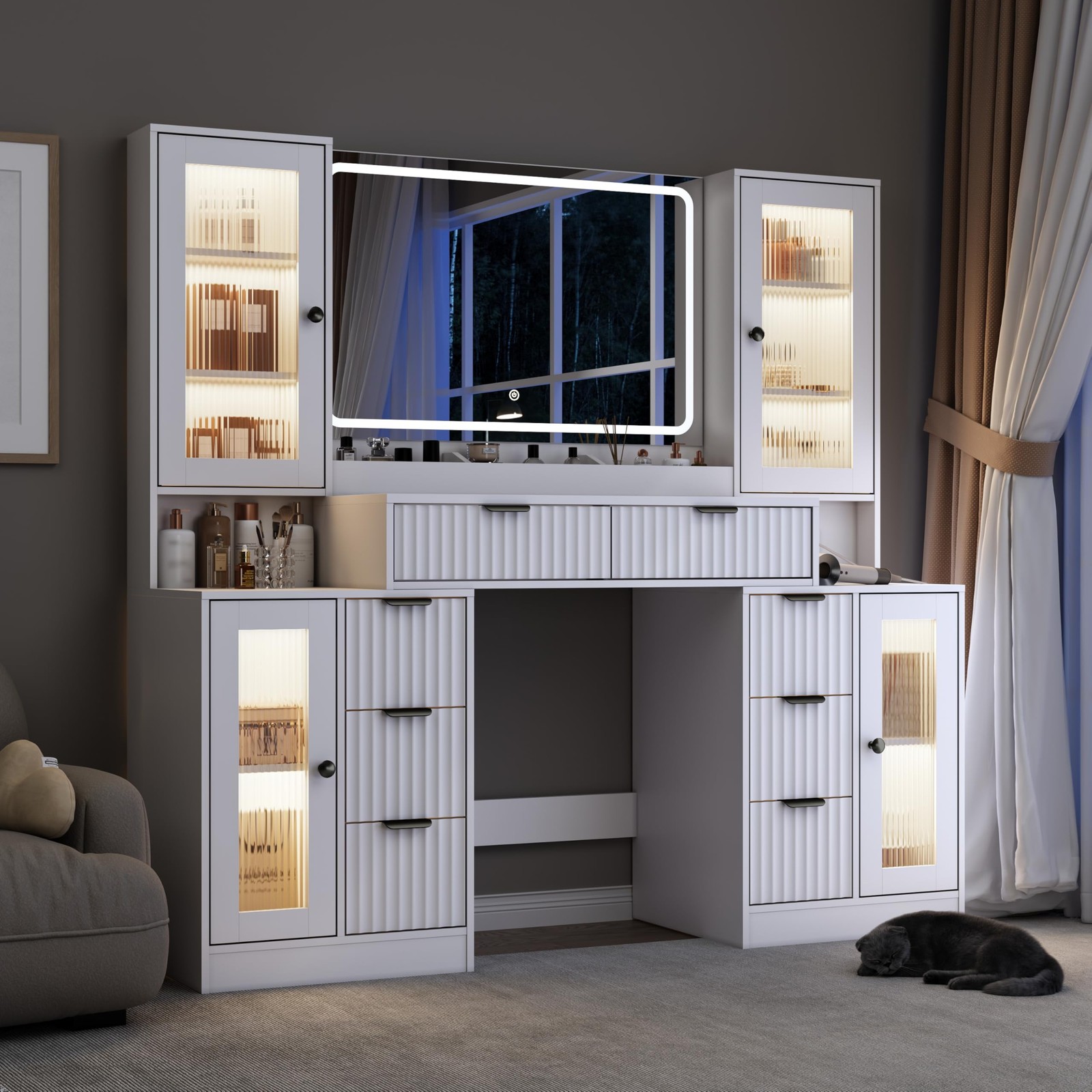 55 Vanity Desk w/ 3-Color Lighted Mirror 8 Drawers 4 Cabinets Charging Station