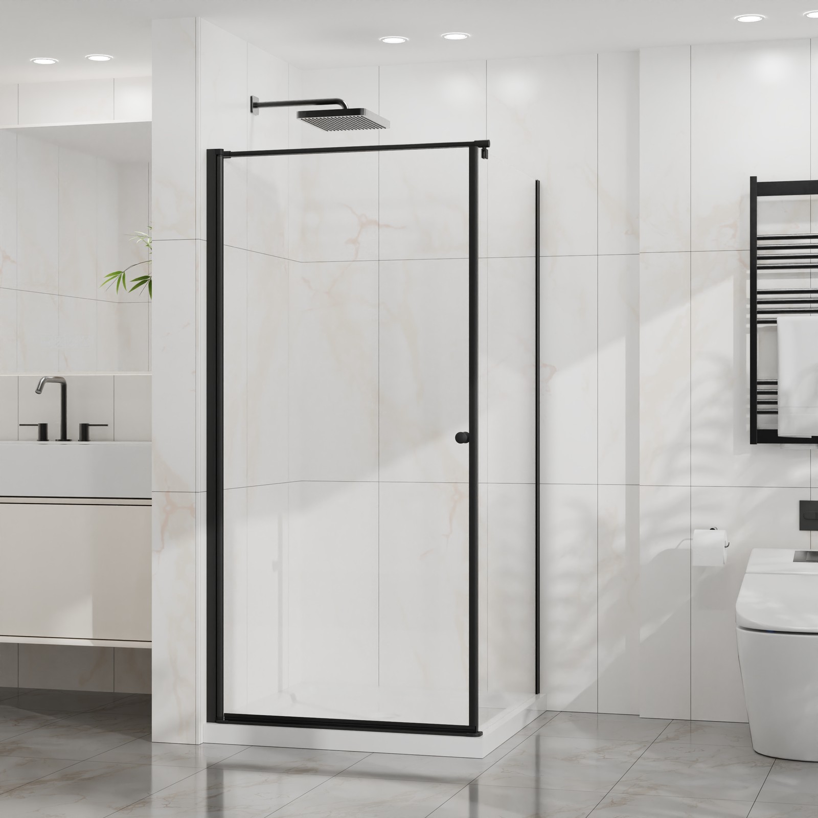 36×36 Frameless Corner Shower Stall W/Base Pivot Door Tempered Glass Matte Black