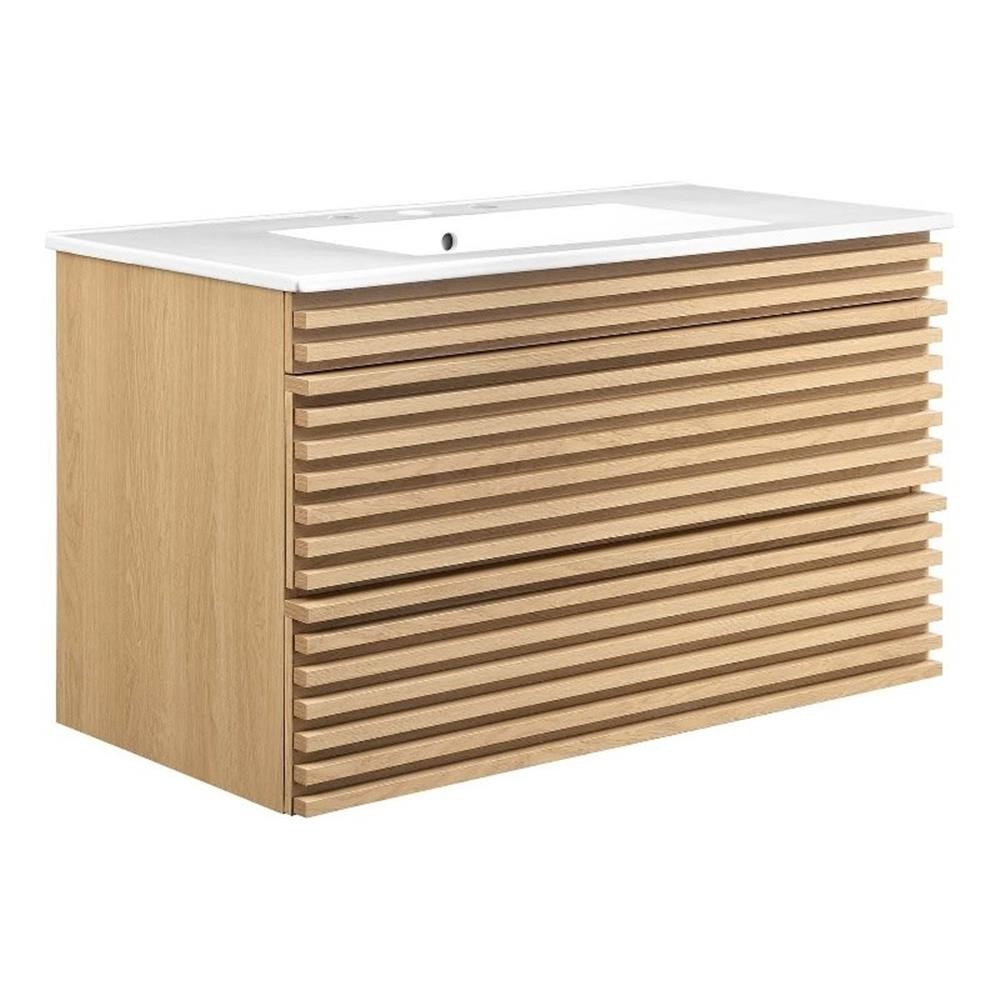 Pemberly Row 36″ MDF Wood Wall-Mount Bathroom Vanity in Oak/White