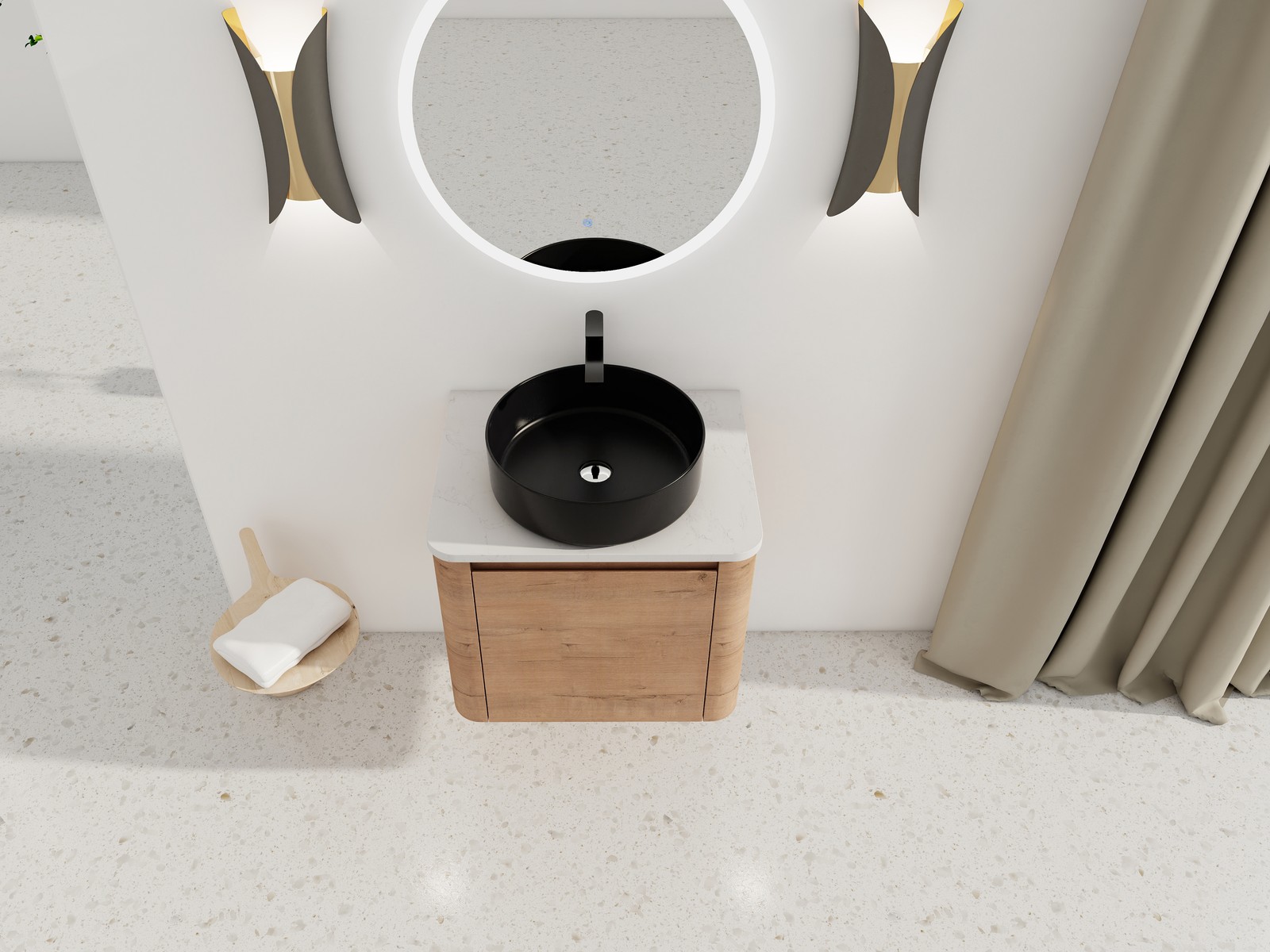 24 In Bathroom Vanity With White Flat Stone Slab Top Black Ceramic Vessel Sink