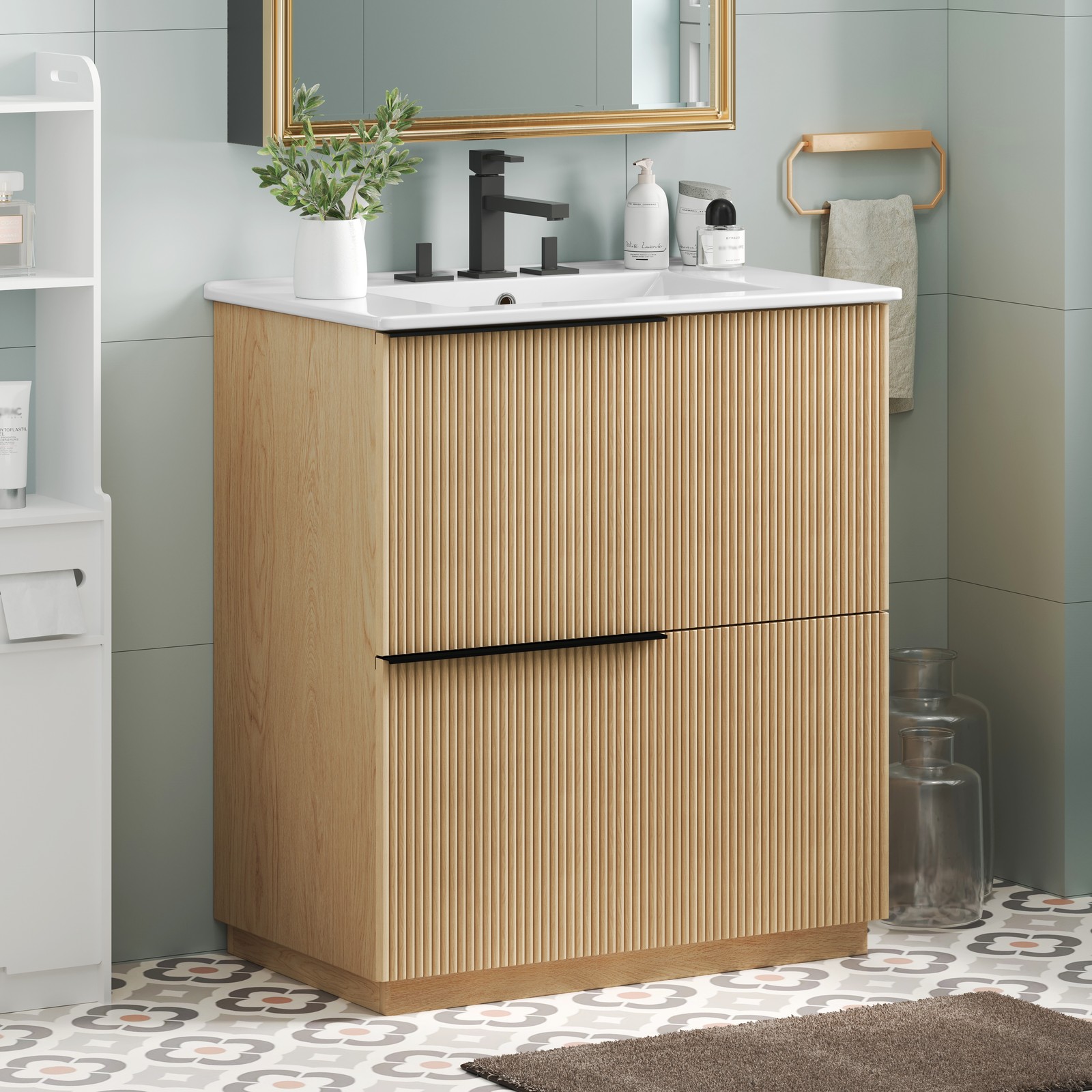 30″ Bathroom Vanity with Ceramic Sink, Soft Close Drawers, Fluted Design