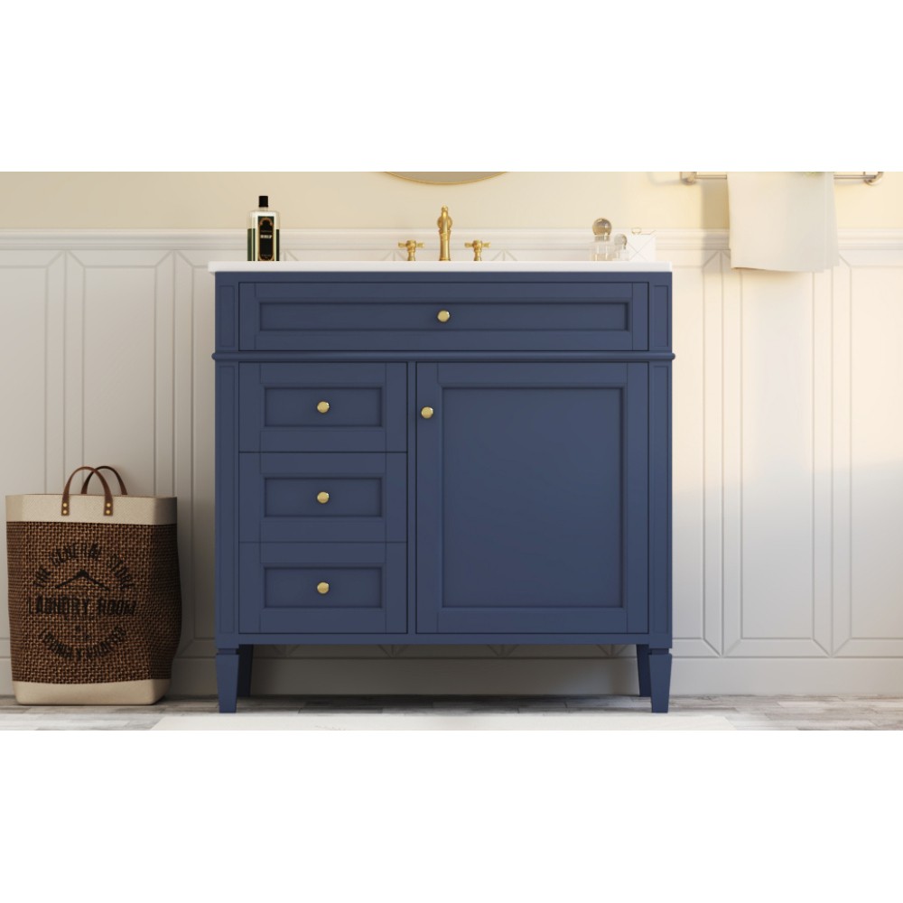 36 Inch Single Sink Bathroom Vanity Gloss Ceramic Top Storage Drawers