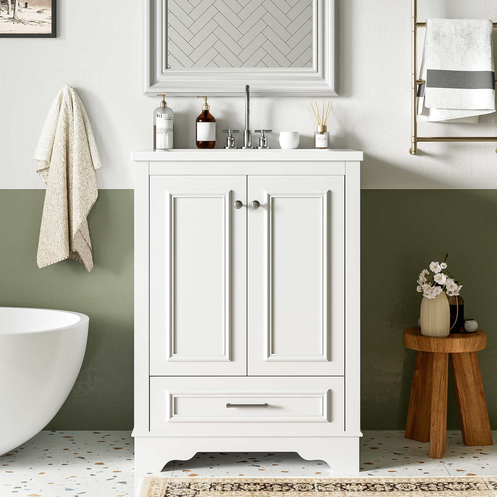 24” Bathroom Vanity w/Ceramic Sink Combo, Modern Freestanding Storage Cabinet