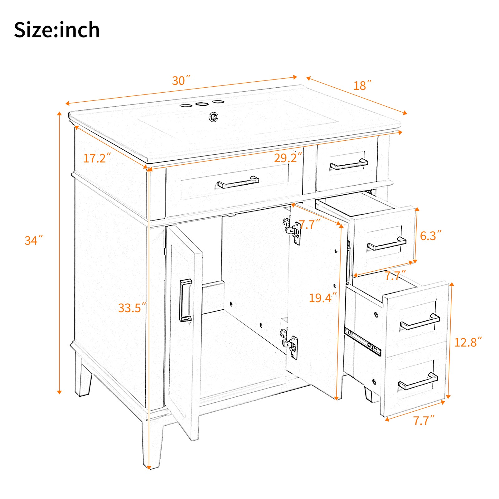 30″ Bathroom Vanity w/Ceramic Sink, Modern Storage Cabinet w/Soft-Close Doors