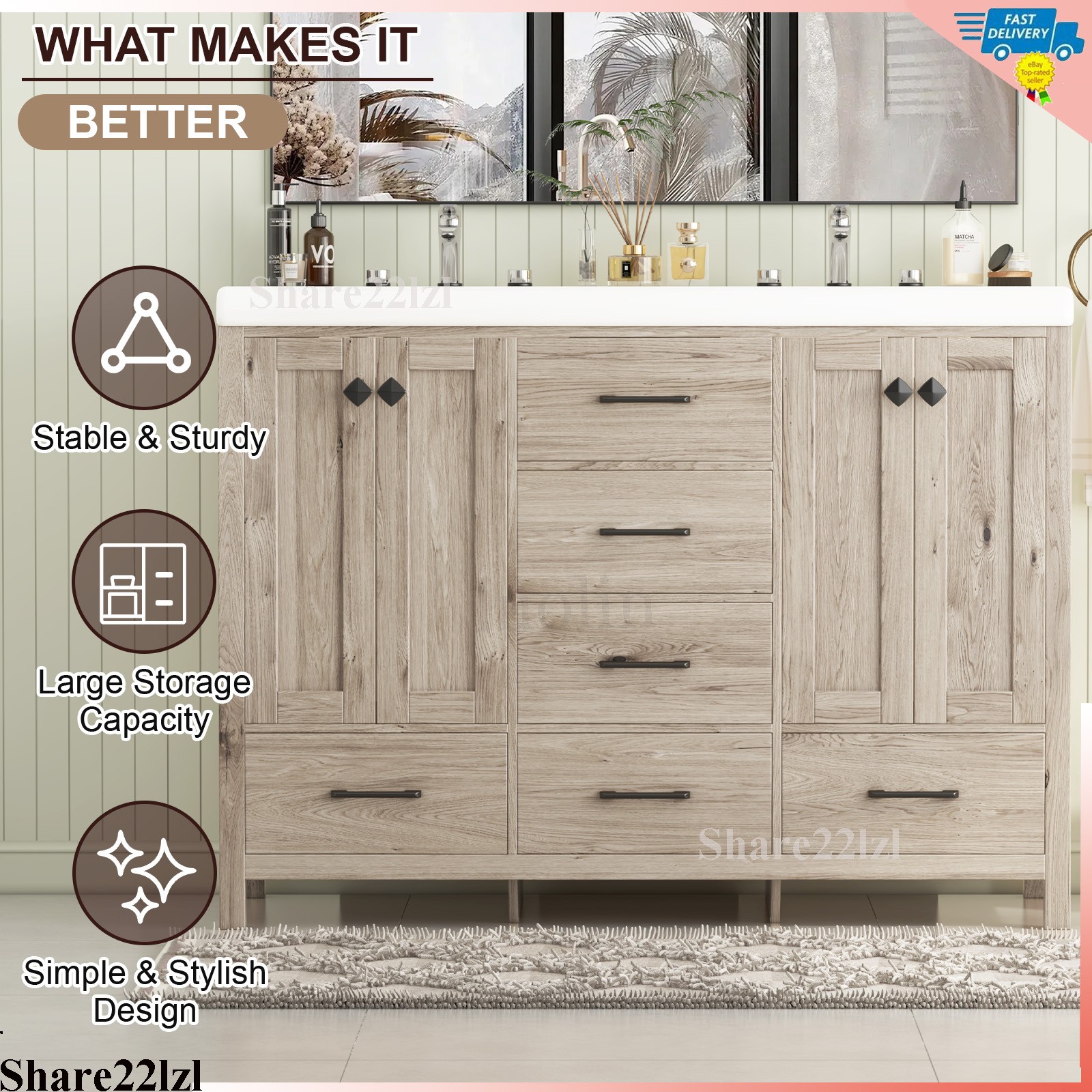 Wooden Bathroom Vanity with Sink Modern Storage Cabinet with Ceramic Countertop