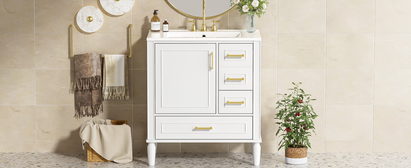 30″ Bathroom Vanity with Ceramic Sink, Soft-Close Door and Drawers, White