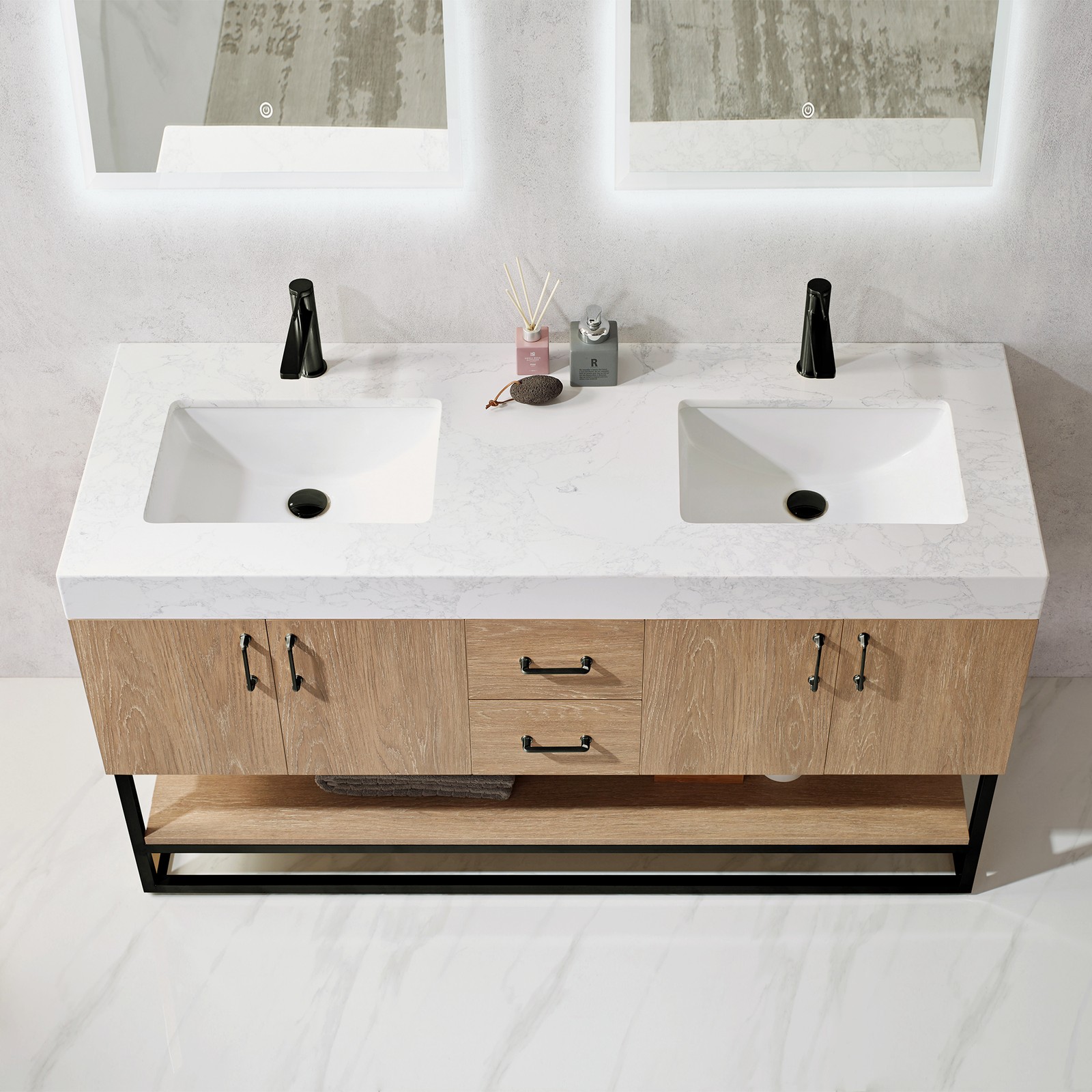 Vinnova Alistair 60″ White Stone Top Oak Double Vanity Black Frame w/o Mirror