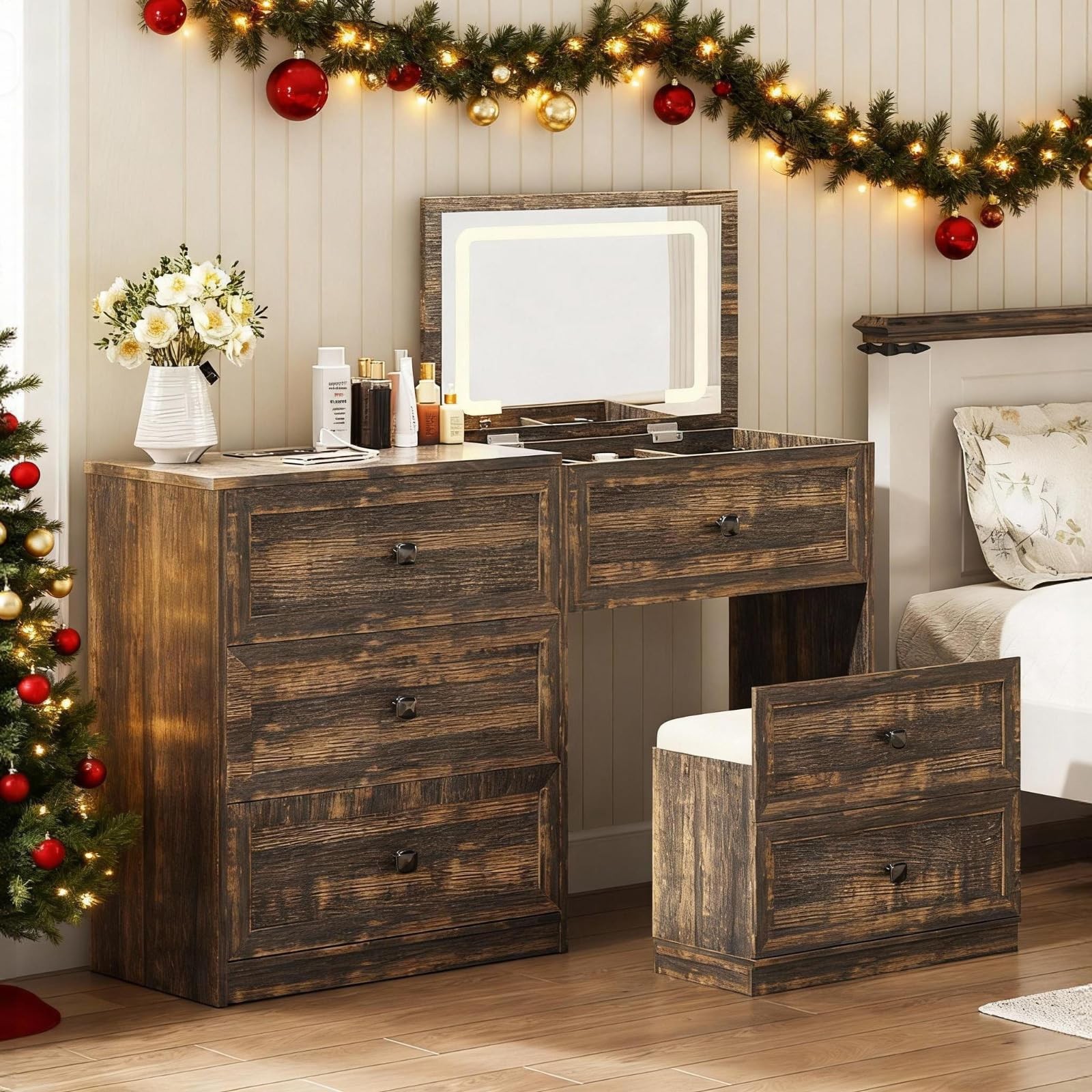 3-in-1 Vanity Desk Mirror Lights Charging Station Drawers Lock Stool