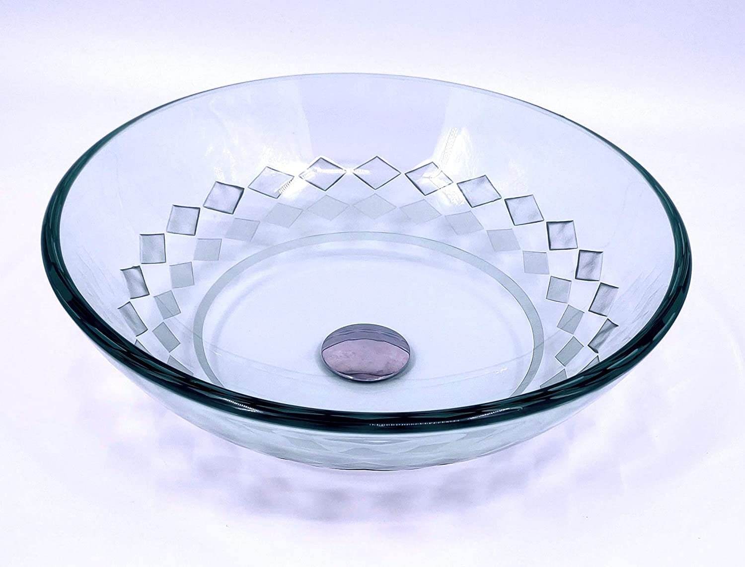 Glass Sink Round Vessel Bathroom Sink Set Faucet Pop up Squares Pattern