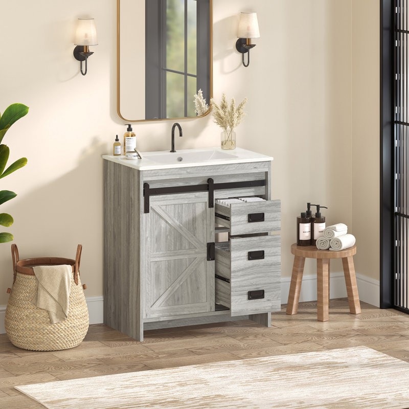 HOMMOW Farmhouse Single Bathroom Vanity with Top,Sliding Barn Door Sink Vanity