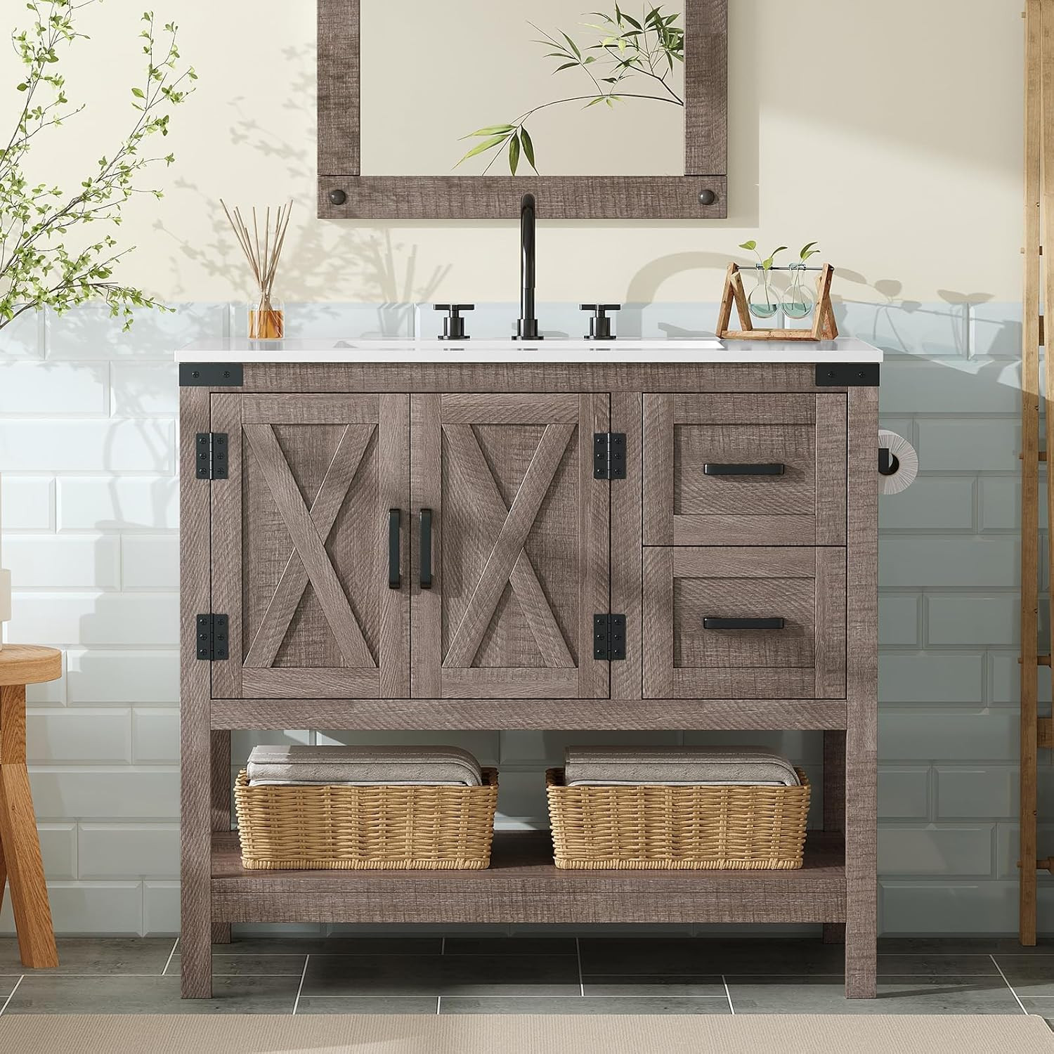 AMERLIFE 36″ Farmhouse Bathroom Vanity with Sink Combo, Wood Barn Door Freestand