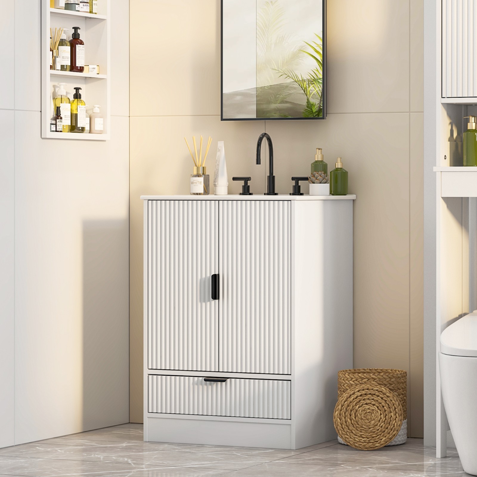 Bathroom Vanity With Sink Freestanding White Cabinet Storage Ceramic Vessel Sink