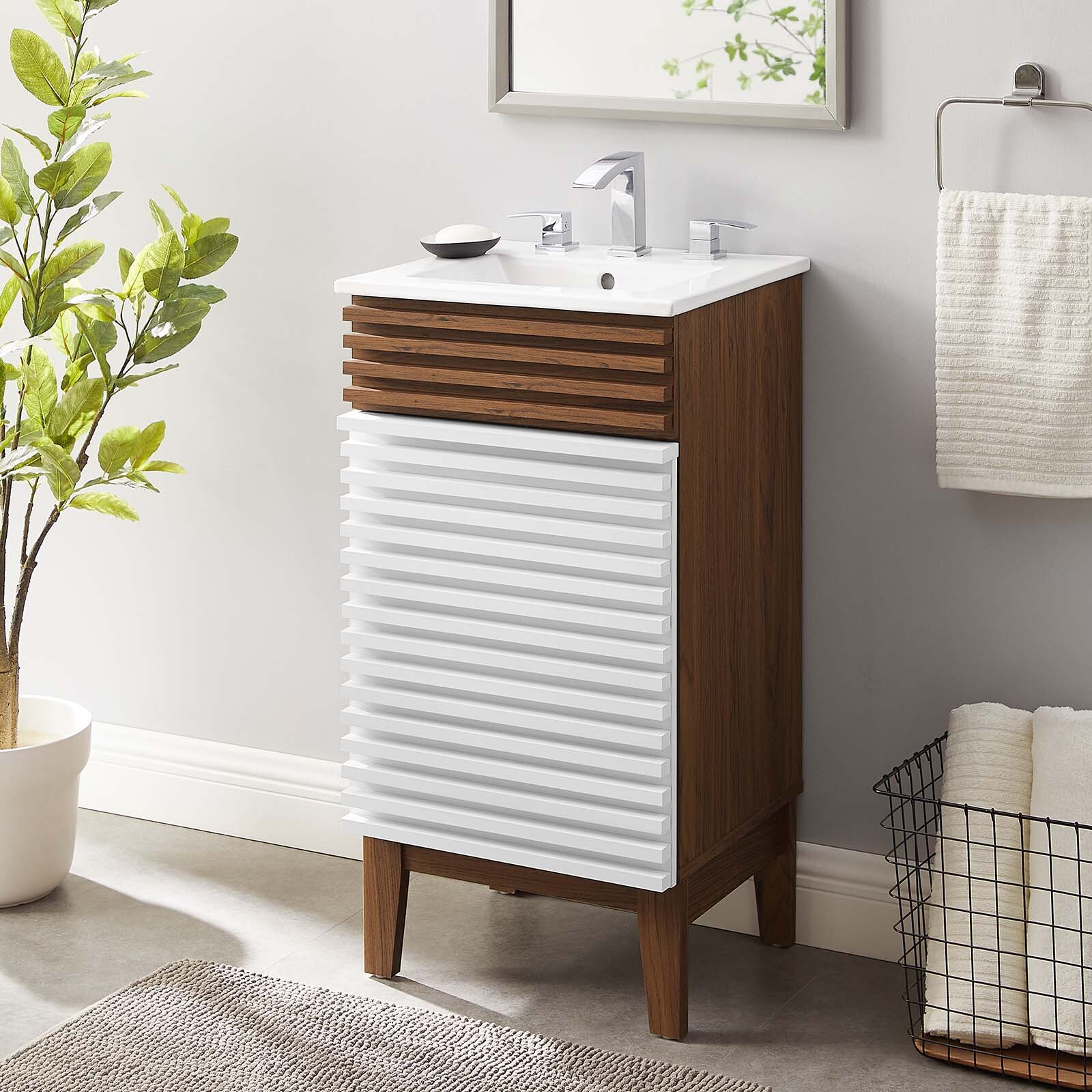 Modway Render 18″ Bathroom Vanity With Sink in White Walnut White