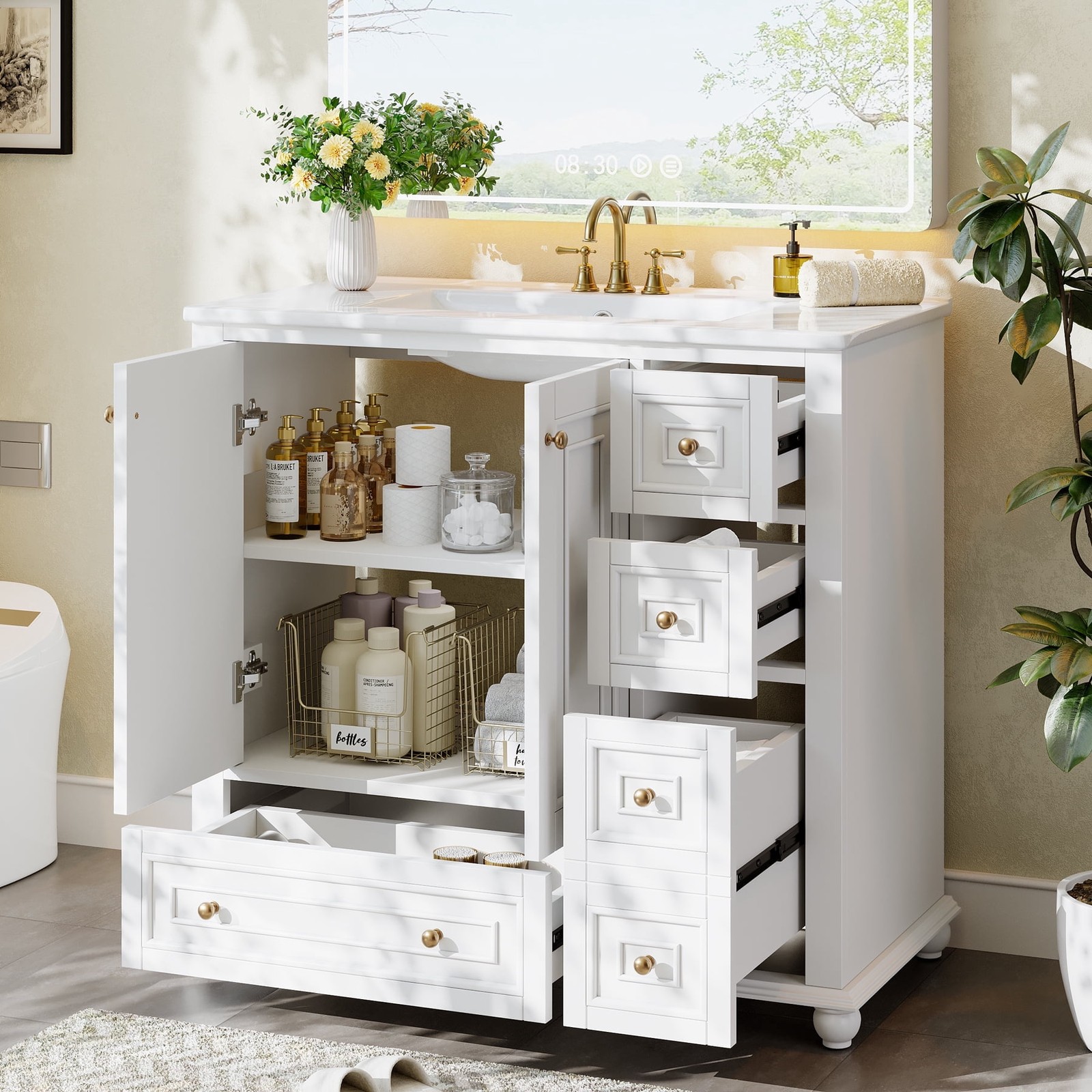 36” Bathroom Vanity with Ceramic Sink，Modern Wood Storage Cabinet with Drawers