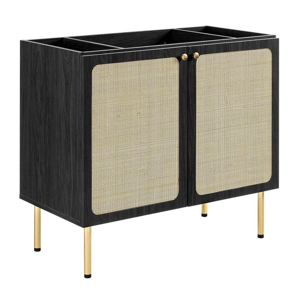 Pemberly Row 36″ Wood & Rattan Bathroom Vanity in Black/White