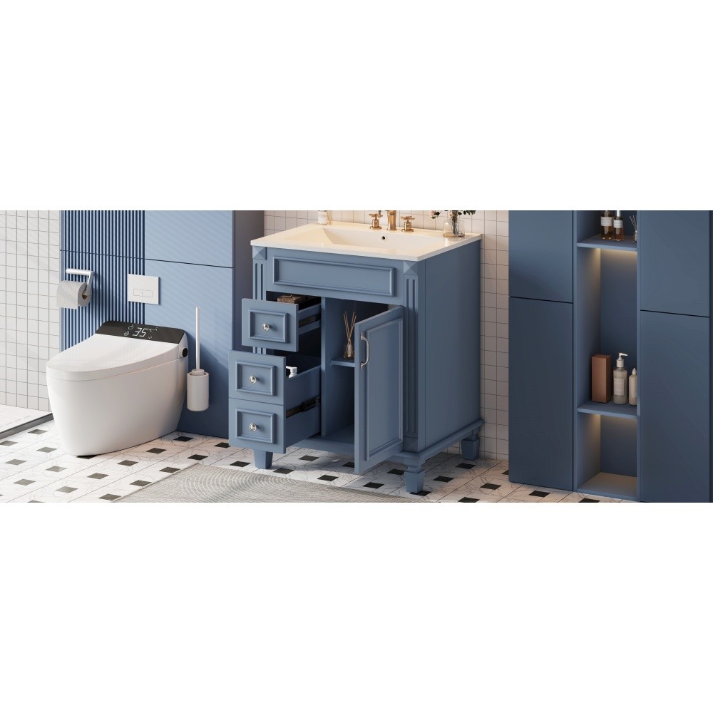 24 Inch Modern Blue Bathroom Vanity with Ceramic Sink Solid Wood MDF Cabinet