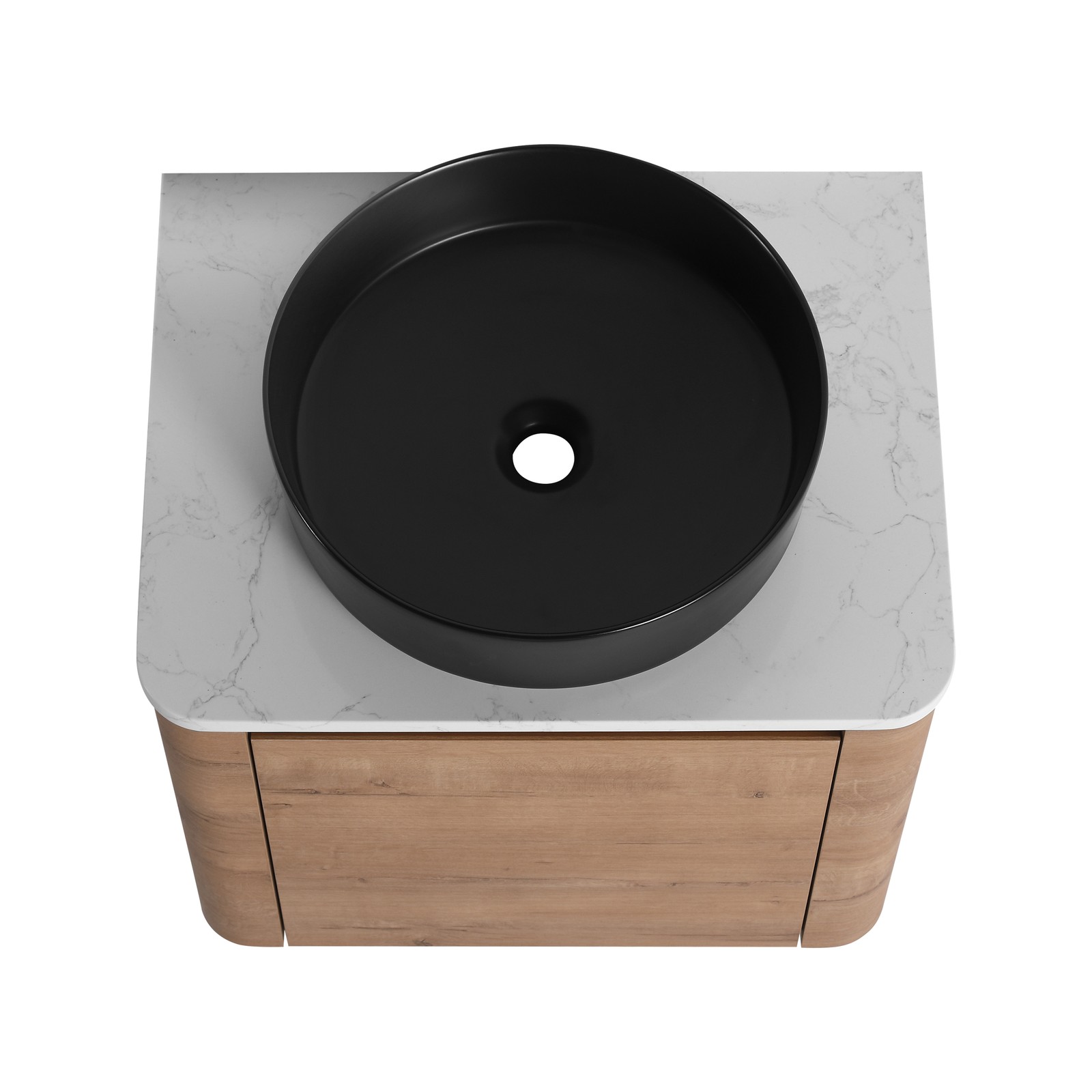 24 In Bathroom Vanity With White Flat Stone Slab Top Black Ceramic Vessel Sink