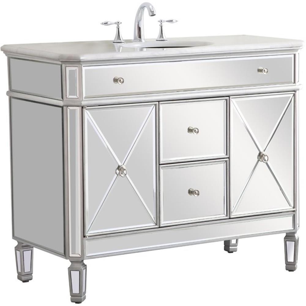 Elegant Decor Camille 42″ Single Marble Top Mirrored Bathroom Vanity in Silver