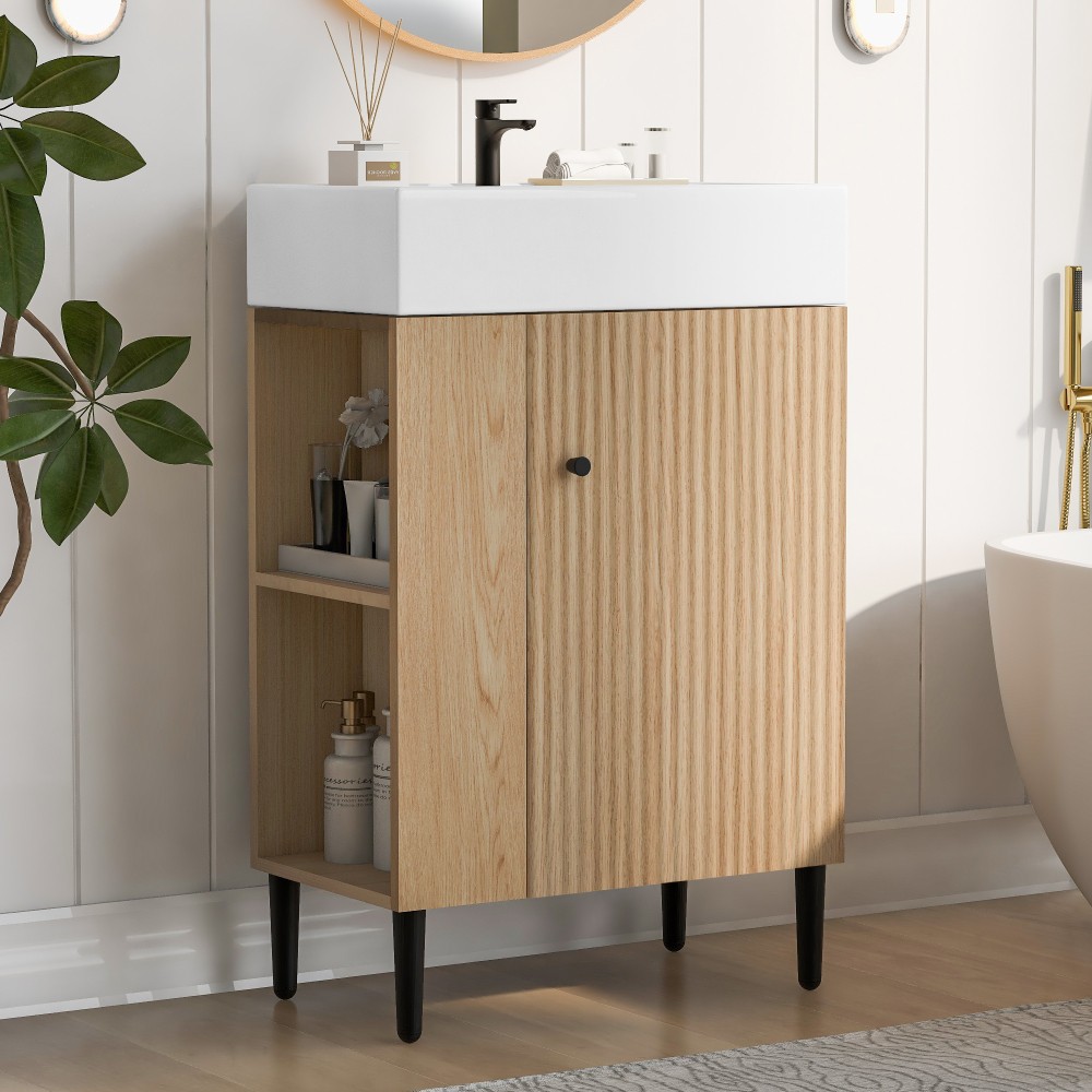 21.6″ Wood Bathroom Vanity，Ceramic Sink，Free-Standing Cabinet，Left Side Storage