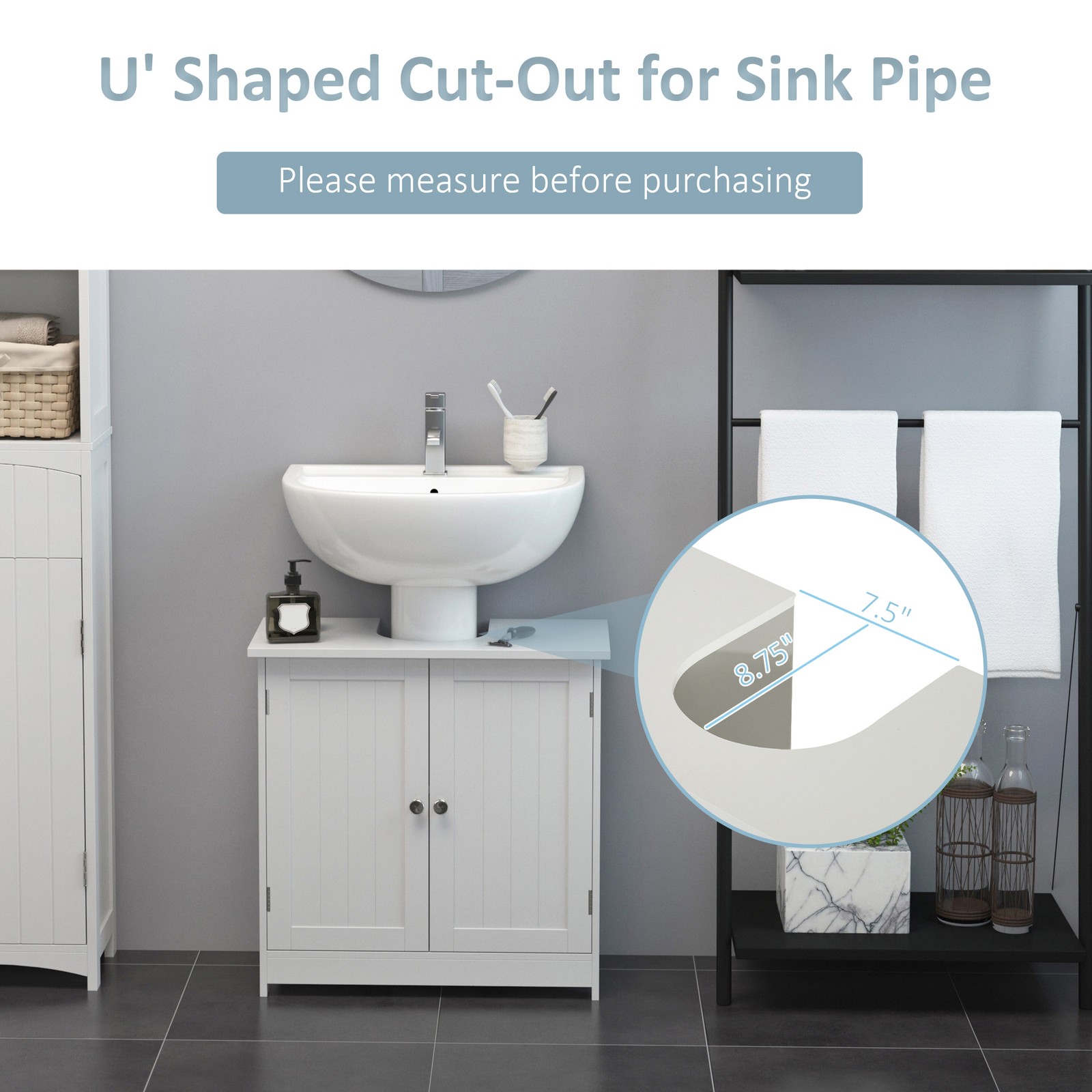 24″ Under Sink Storage Cabinet with 2 Doors and Shelves Bathroom Pedestal Sink
