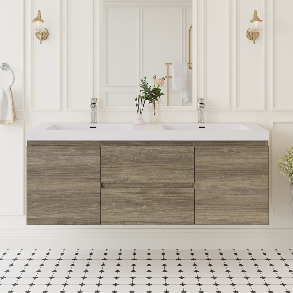 60″ Wall Mounted Bathroom Vanity w/Double Sink, Floating Vanity Cabinet,2 Drawer