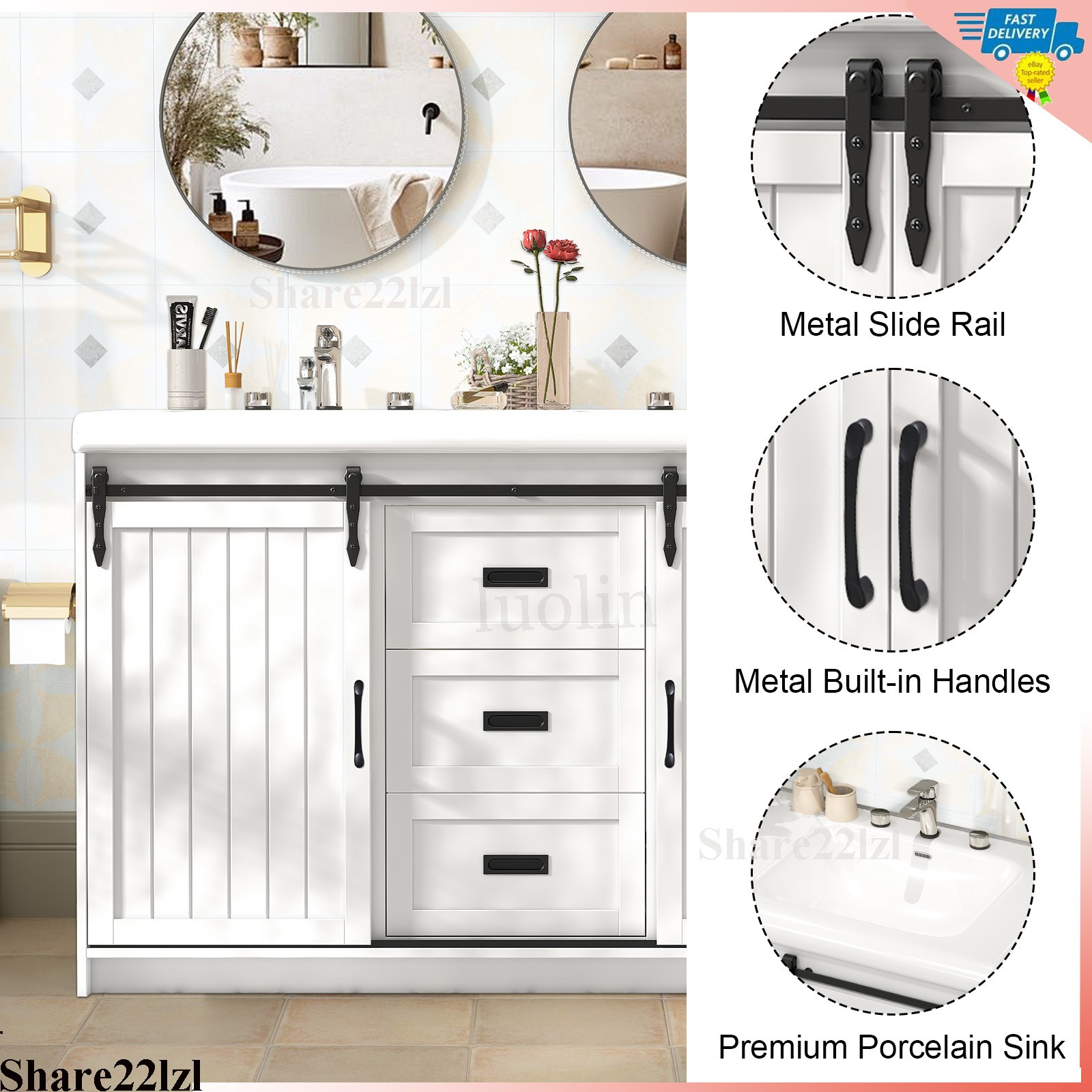 47″ Bathroom Vanity Cabinet Freestanding Drawers Marble Countertop Ceramic Sink
