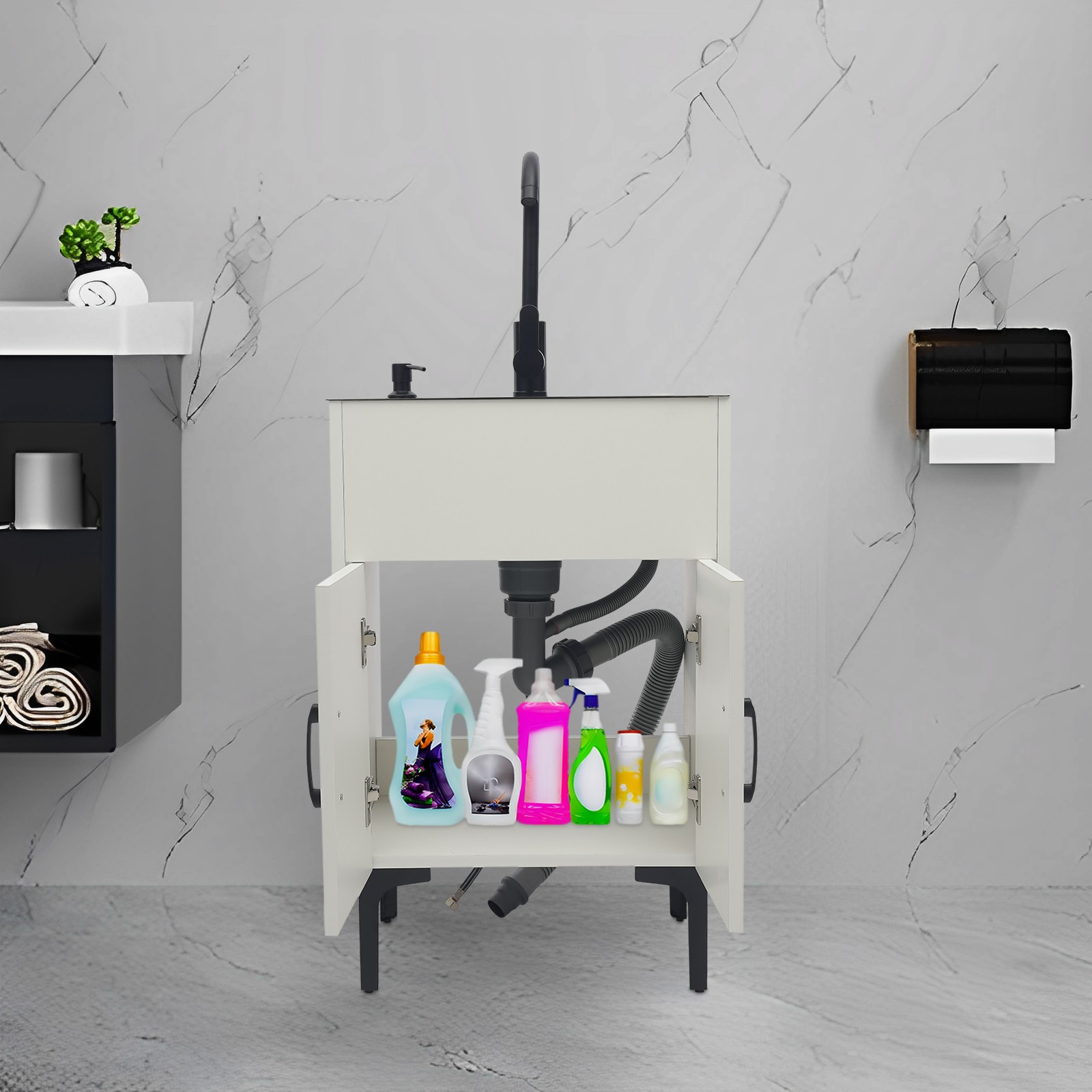 20″ Laundry Sink Cabinet w/ Faucet, Freestanding Utility Sink Cabinet w/ Storage