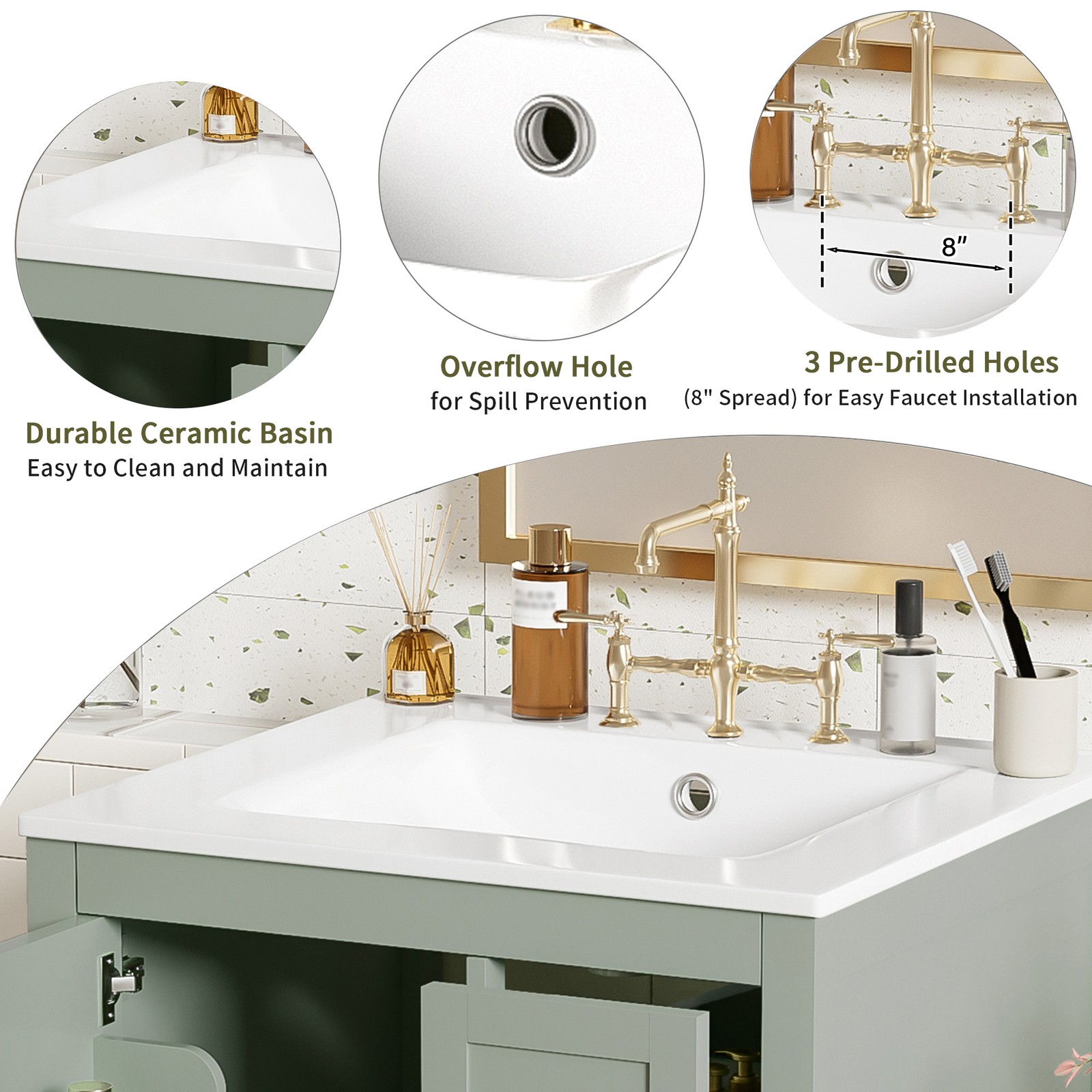 24″ Bathroom Vanity w/Ceramic Sink Modern Freestanding Vanity Cabinet w/3 Doors