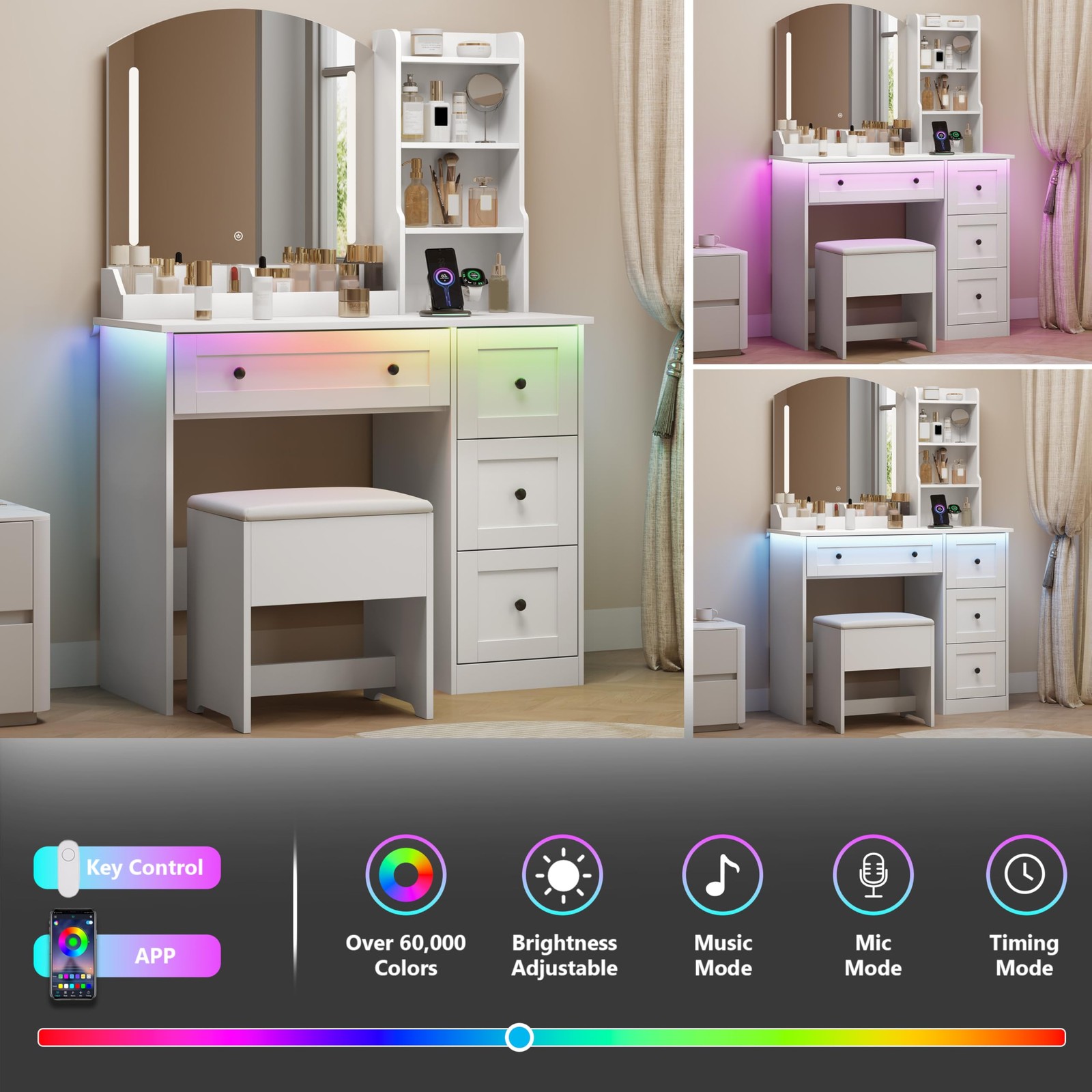 App Controlled RGB Vanity Arc Mirror Makeup Table Drawers Chair 3 Modes Outlet