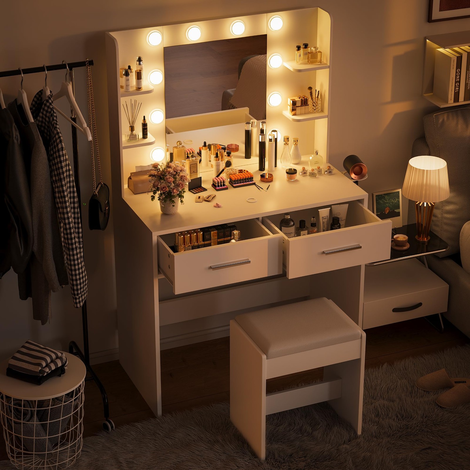 White Vanity w/ Mirror Power Outlet 3 Color Dimmable LED 2-Drawer 6-Shelf Bench