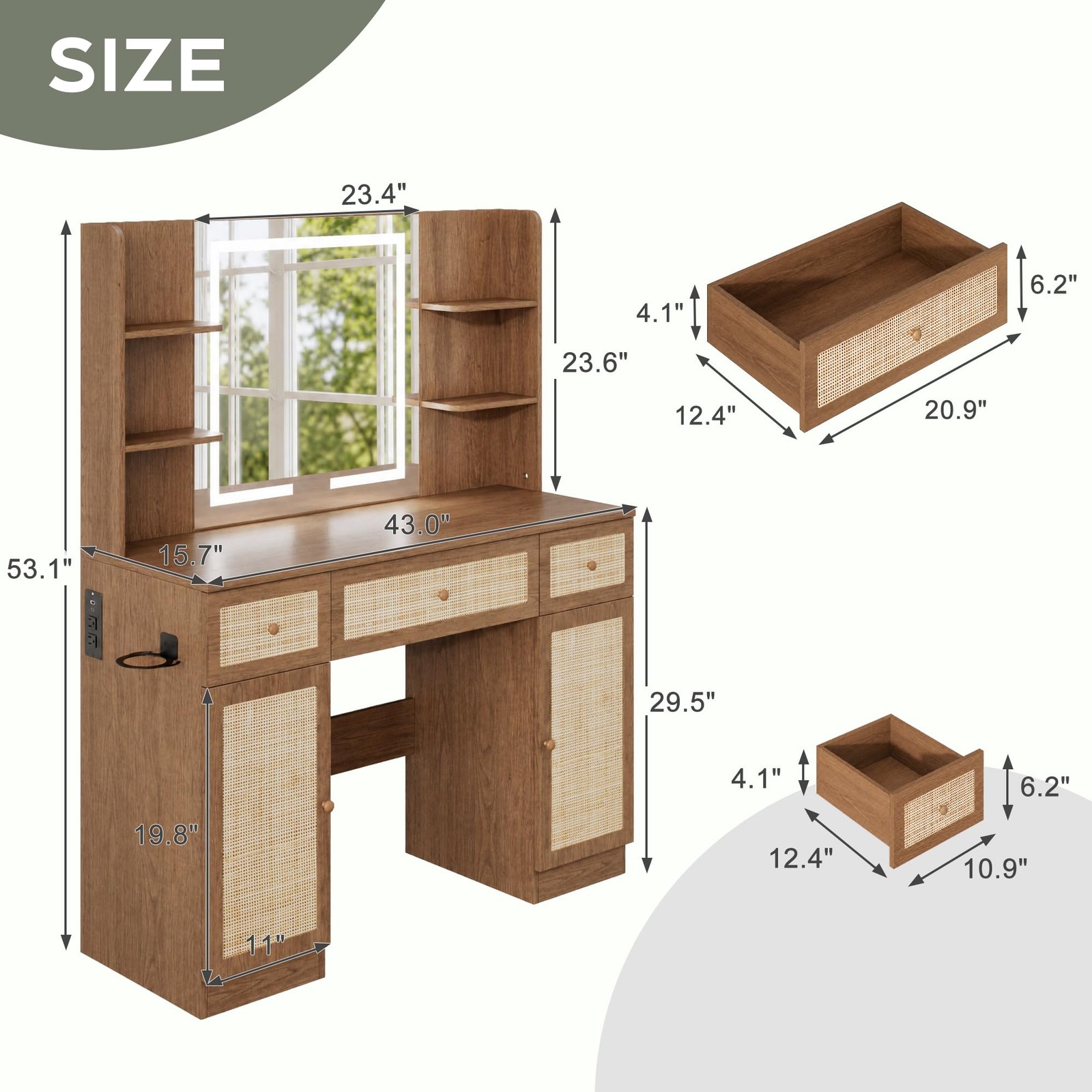 43″ Boho Vanity Desk w/ LED Mirror & Power Strip Rattan Drawers Shelves Cabinet