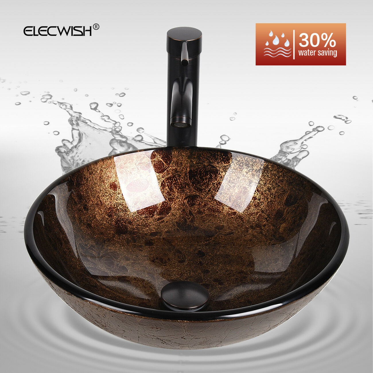 24″ Bathroom Vanity Vessel Sink Set With Clear Glass Round Basin Faucet Drain