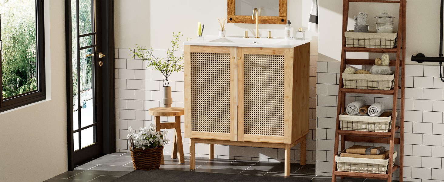 30 Inch Bathroom Vanity with Rattan Doors & Ceramic Basin