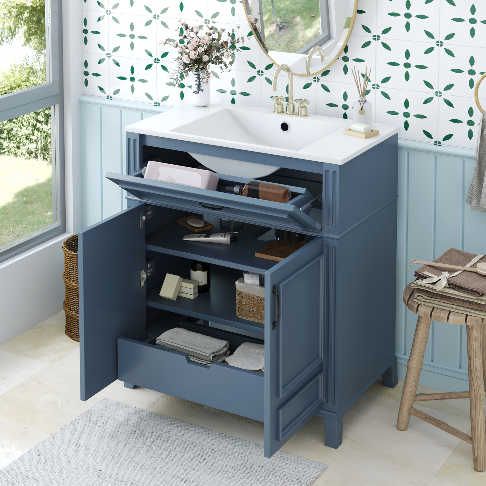 30” Bathroom Vanity with Ceramic Sink,Solid Wood Frame Bathroom Storage Cabinet