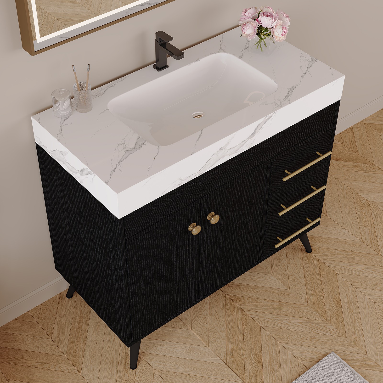 36″ Freestanding Bathroom Vanity with Ceramic Sink & Faux Marble Top