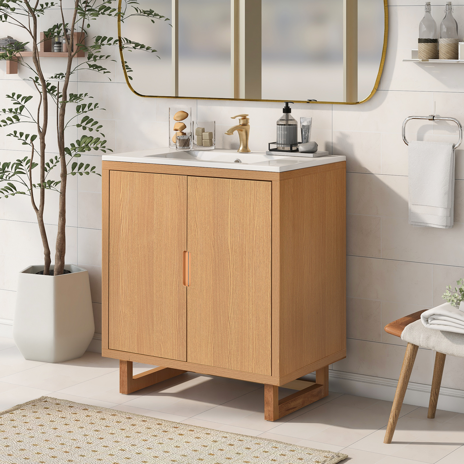30 Inch Floor Mount Vanity Cabinet Resin Sink Bathroom Furniture Set Storage