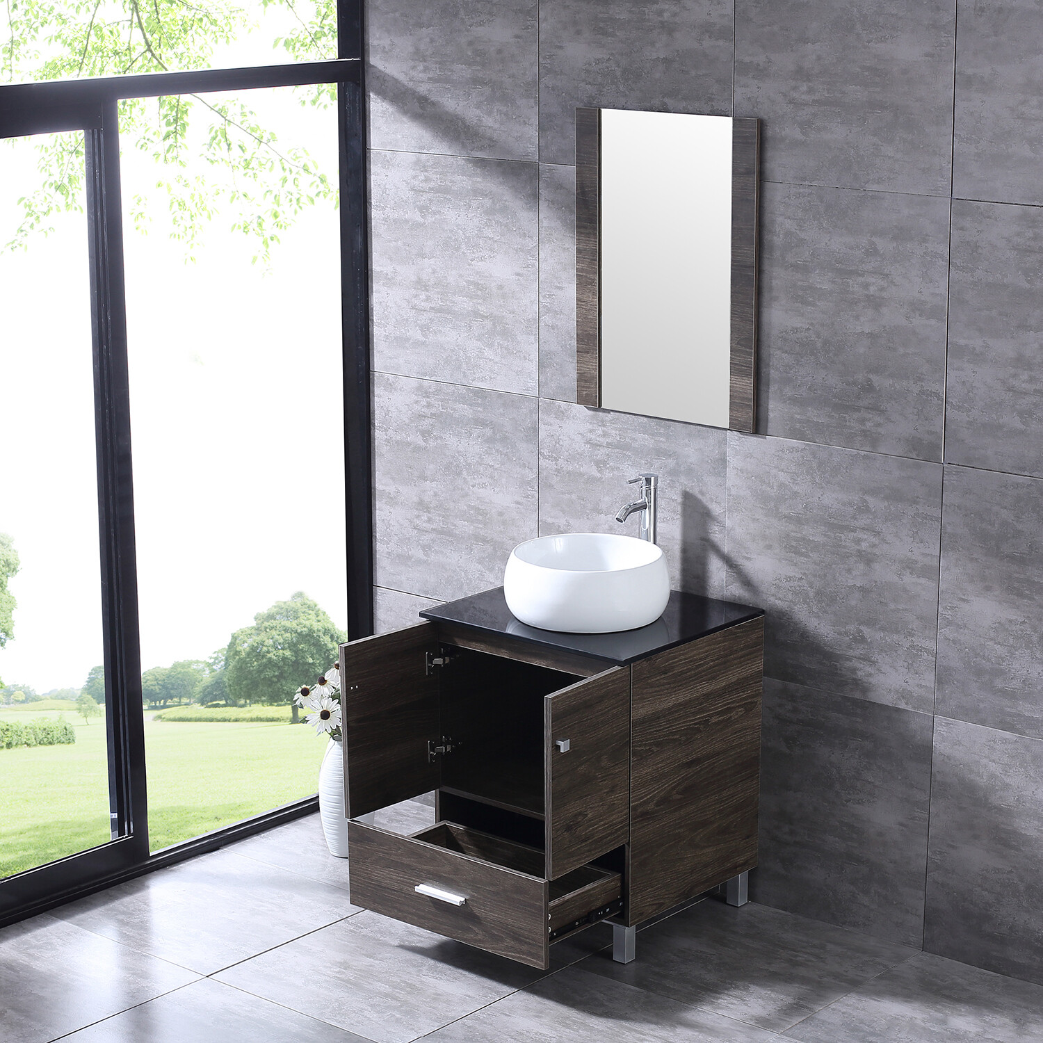 24″Bathroom Vanity Wood Cabinet White Ceramic Sink Bowl Basin Brown Mirror Combo