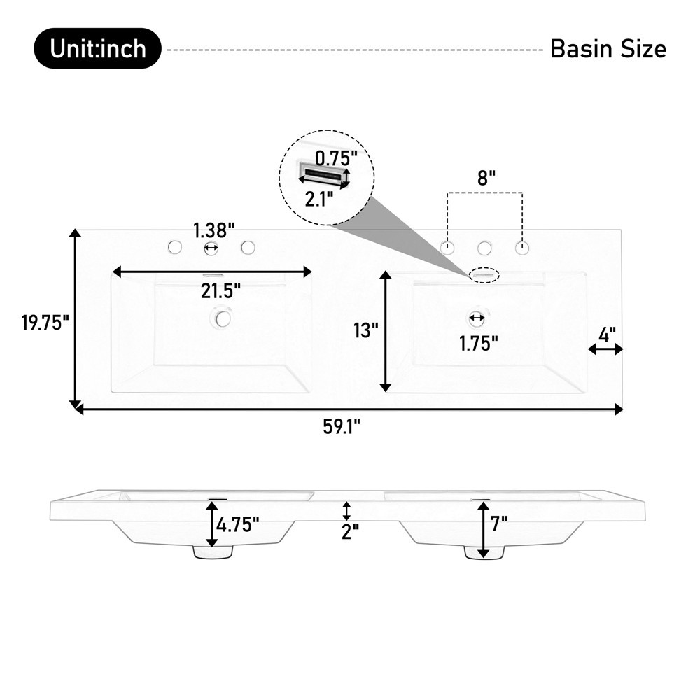 59″ Bathroom Vanity w/Double Sink,Freestanding Vanity Cabinet, 3 Drawers, 4 Door