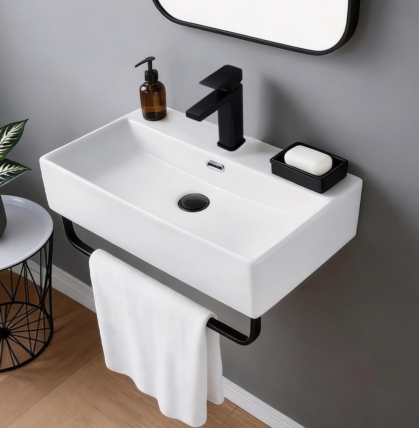 24″ Wall Mount Sink with Towel Rack – Small Ceramic Floating Bathroom Basin