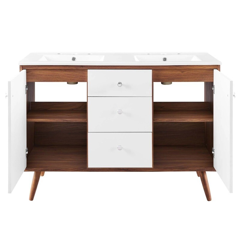 White Mid Century Modern Walnut Bathroom Vanity Ceramic Sink Single Double