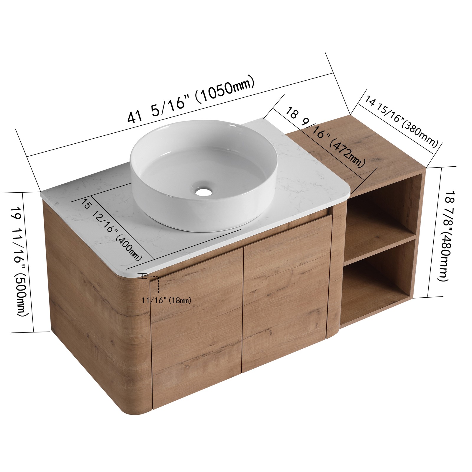 42” Wall-Mounted Bathroom Vanity Counter Top White Vessel Sink Storage Shelves