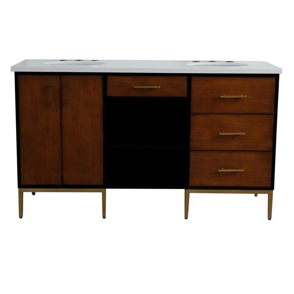 61 in. Double Wooden Vanity Walnut Black White Quartz Oval Sink