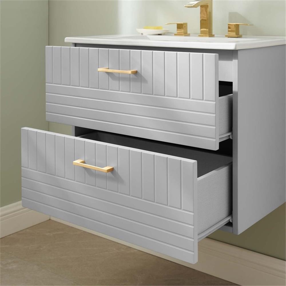Pemberly Row 24″ Modern Wood/Ceramic Bathroom Vanity in Light Gray/White