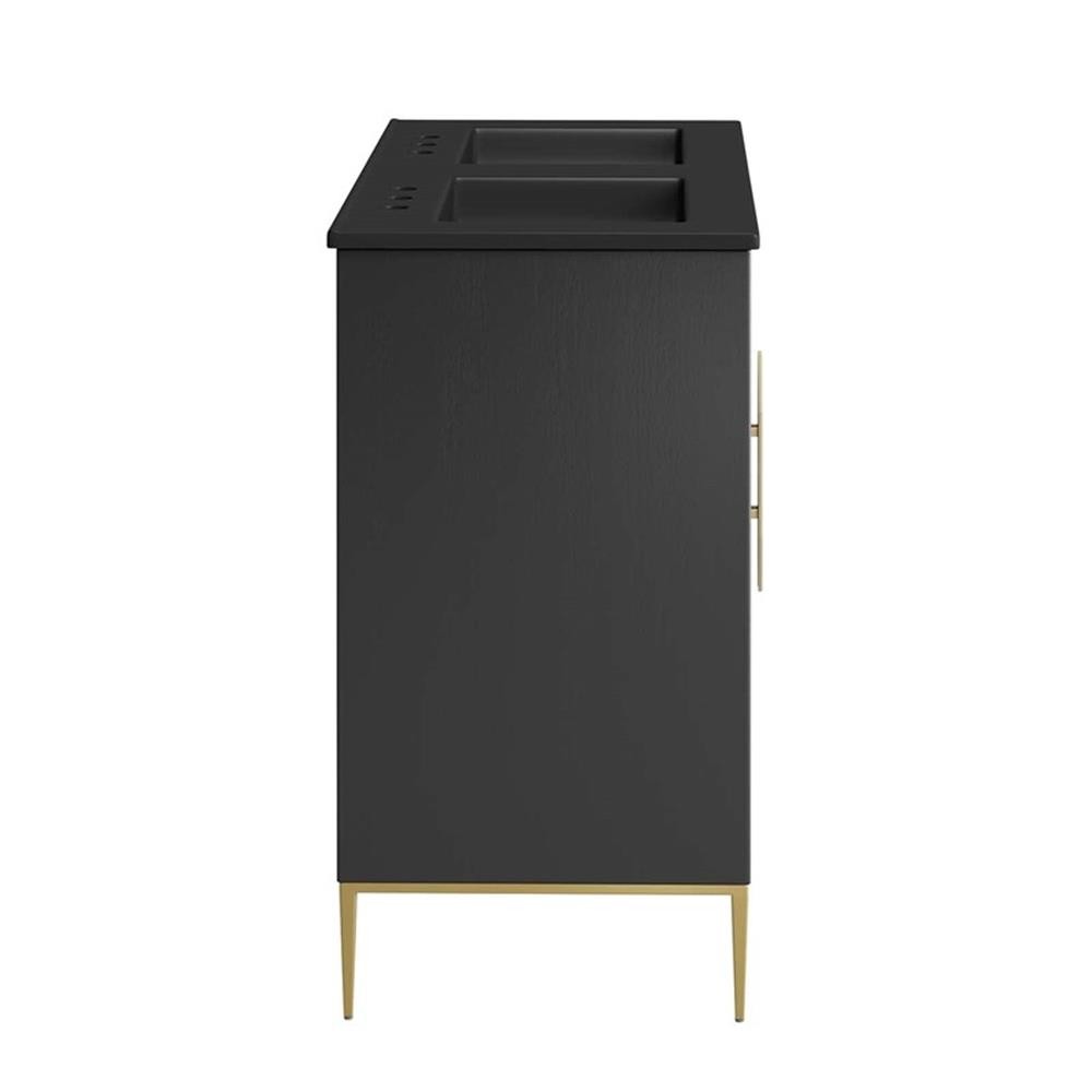 Pemberly Row 48″ Solid Wood and MDF Double Sink Bathroom Vanity in Black
