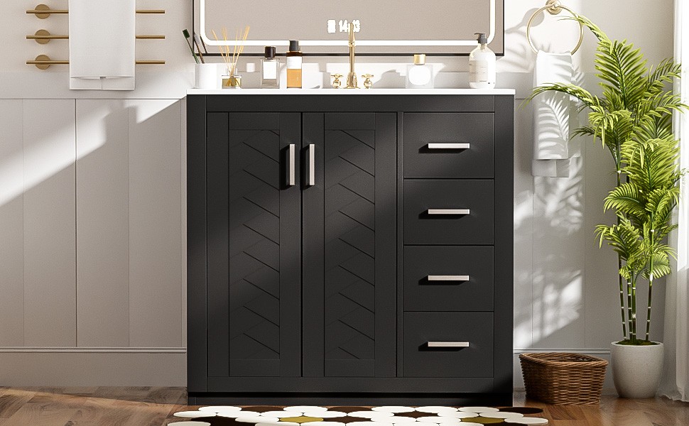 36″ Bathroom Vanity with Ceramic Sink, Solid Wood Frame, 3 Drawers, Black