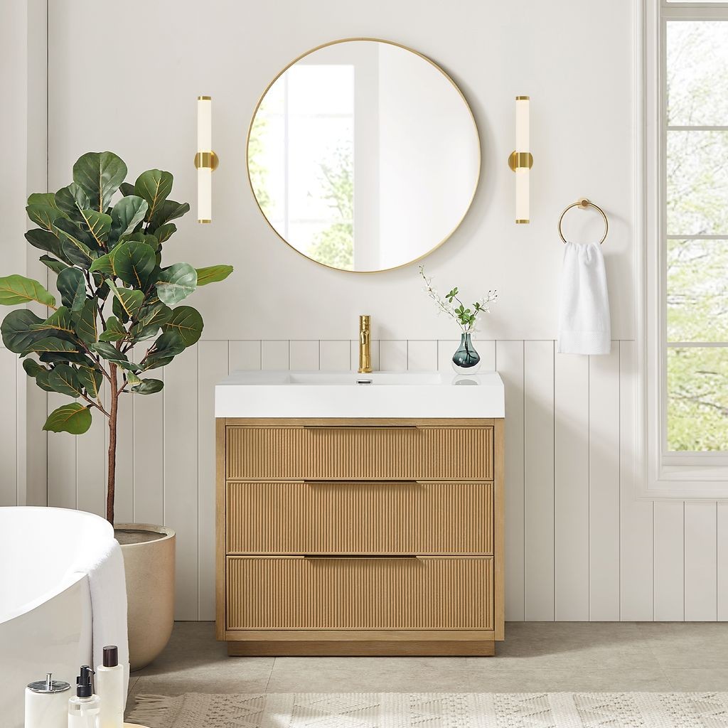 Hohhot 36″ Single Bath Vanity in Washed Ash Grey with White Stone Top