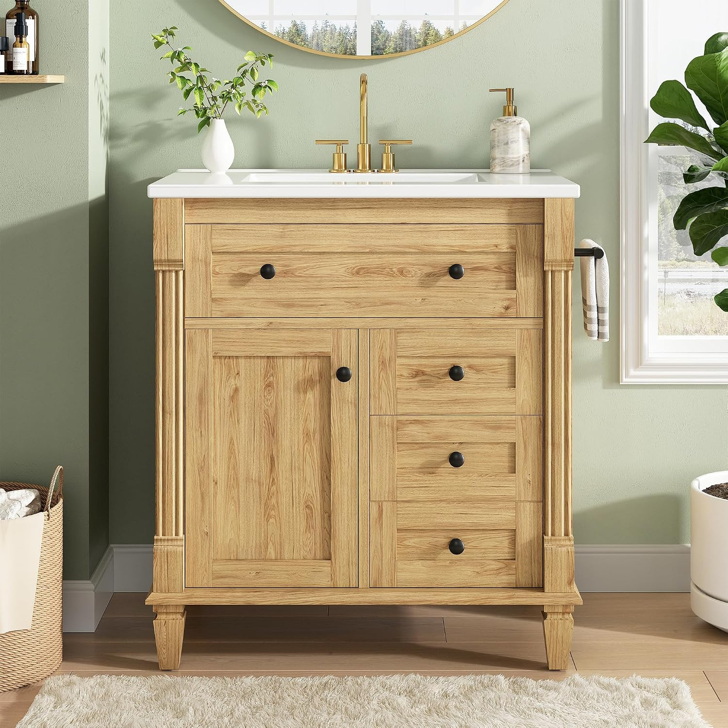30 Inch Bathroom Vanity with Sink, Towel Holder & Adjustable Solid Wood Legs for