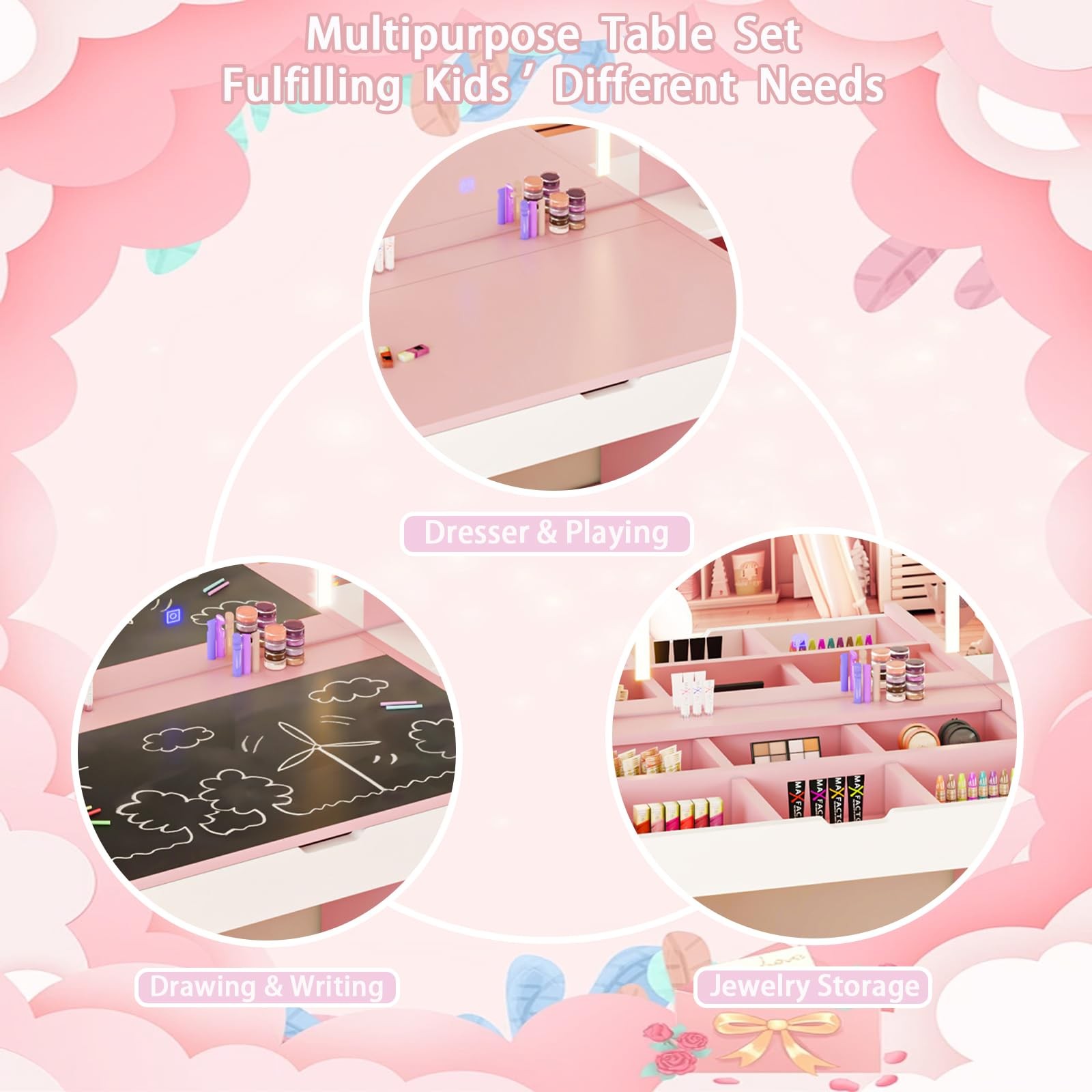 Kids Vanity Table Set Lighted Mirror Stool Jewelry Storage Makeup Pink
